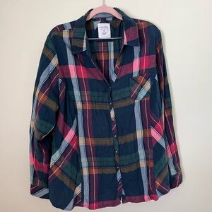PLAID FLANNEL SHIRT BLOUSE BUTTON UP